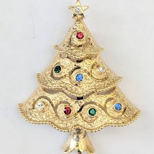 Vintage JJ Christmas Tree Brooch Pin Rhinestone